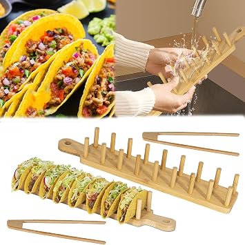 Taco Holder, 2 Pieces Wooden Taco Holders Bamboo Taco Holder with Clip Holds 16 Taco Holders for Sandwiches, Bread, Hot Dogs and Pancakes