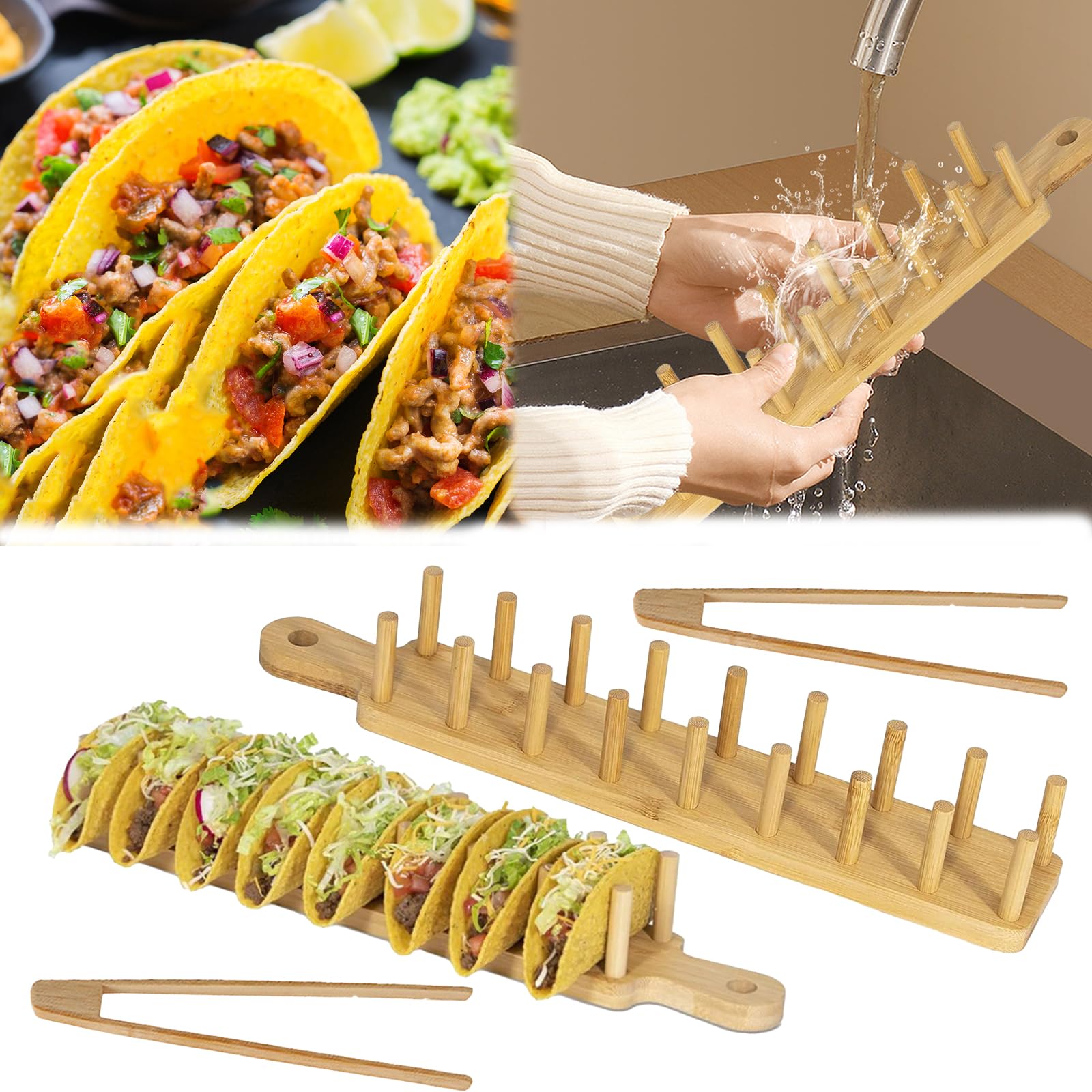 Supporto Per Tacos, 2 Pezzi Supporti Per Taco In Legno Porta Taco In Bambù Con Clip Contiene 16 Porta Taco Per Panini, Pane, Hot Dog E Pancake