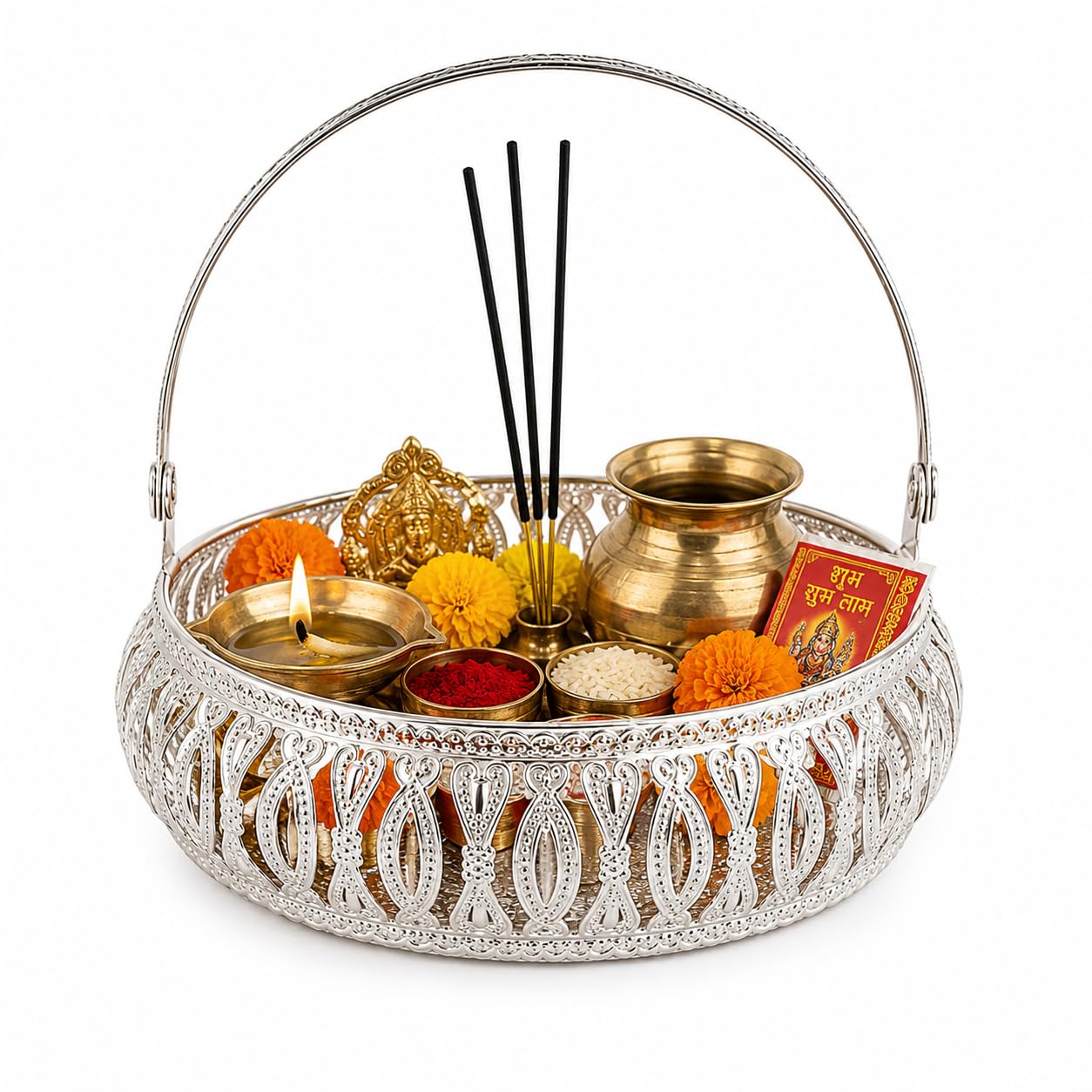 Classic Silver Plated Pooja Basket with Handle (8 Inch) | Decorative Metal Puja Basket for Temple, Home, Festivals & Gifting-image-3