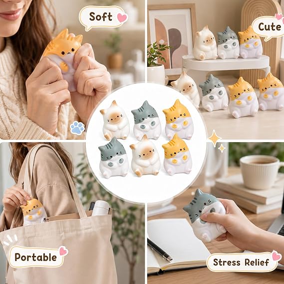 6 PCS Cat Squishy, Squishy Cat Set, Taba Squishy Cat Collection, Cute Squishy for Relaxation, 6 cm Soft Cat in White Yellow Gray Colors
