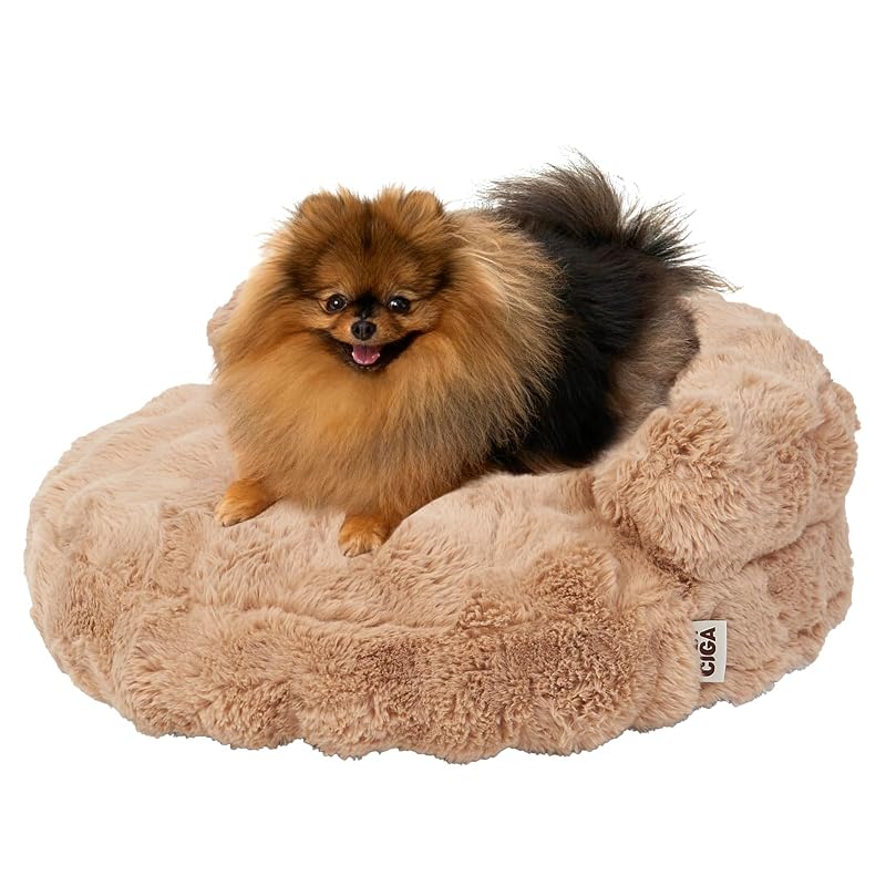 Cama Redonda para Gatos e Cães Pequenos com Pelo Sintético Macio EHEYCIGA Camel 50,8 x 50,8 x 16,51 cm