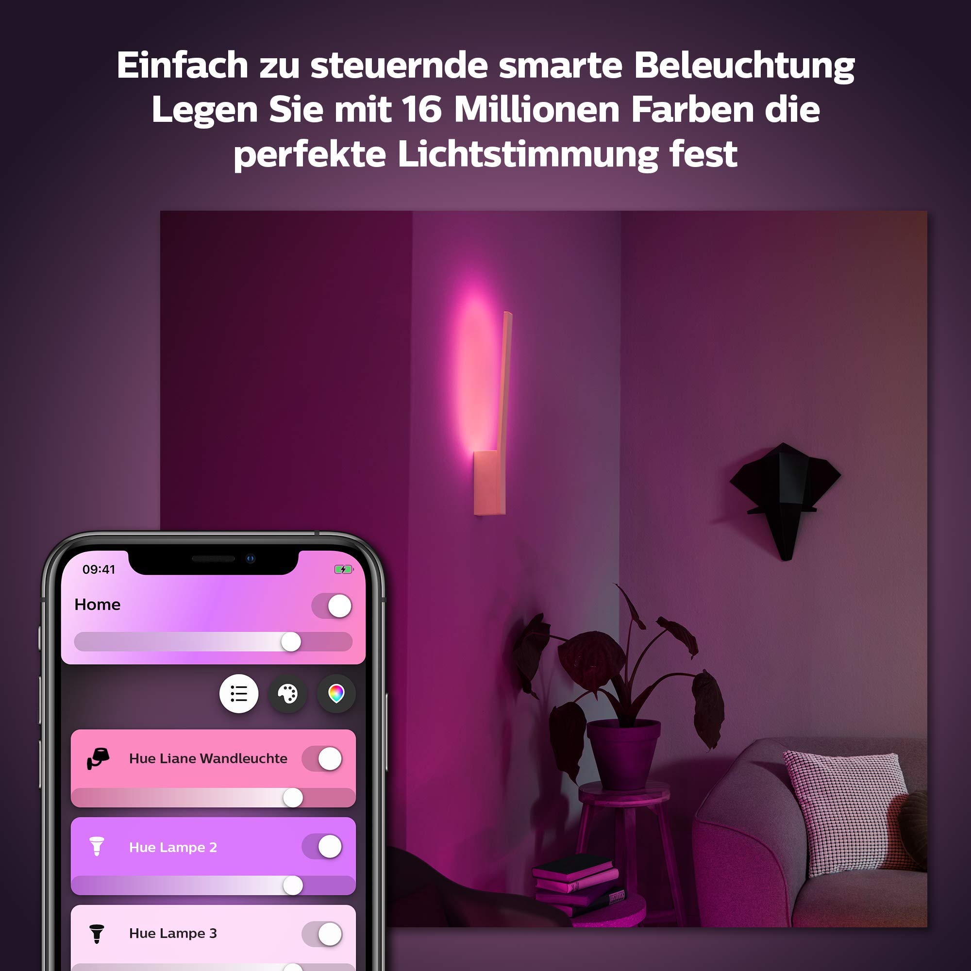 Philips Hue White & Col. Amb. LED Wandleuchte Liane, weiß, dimmbar, 16 Mio. Farben, steuerbar via App, kompatibel mit Amazon Alexa (Echo, Echo Dot)