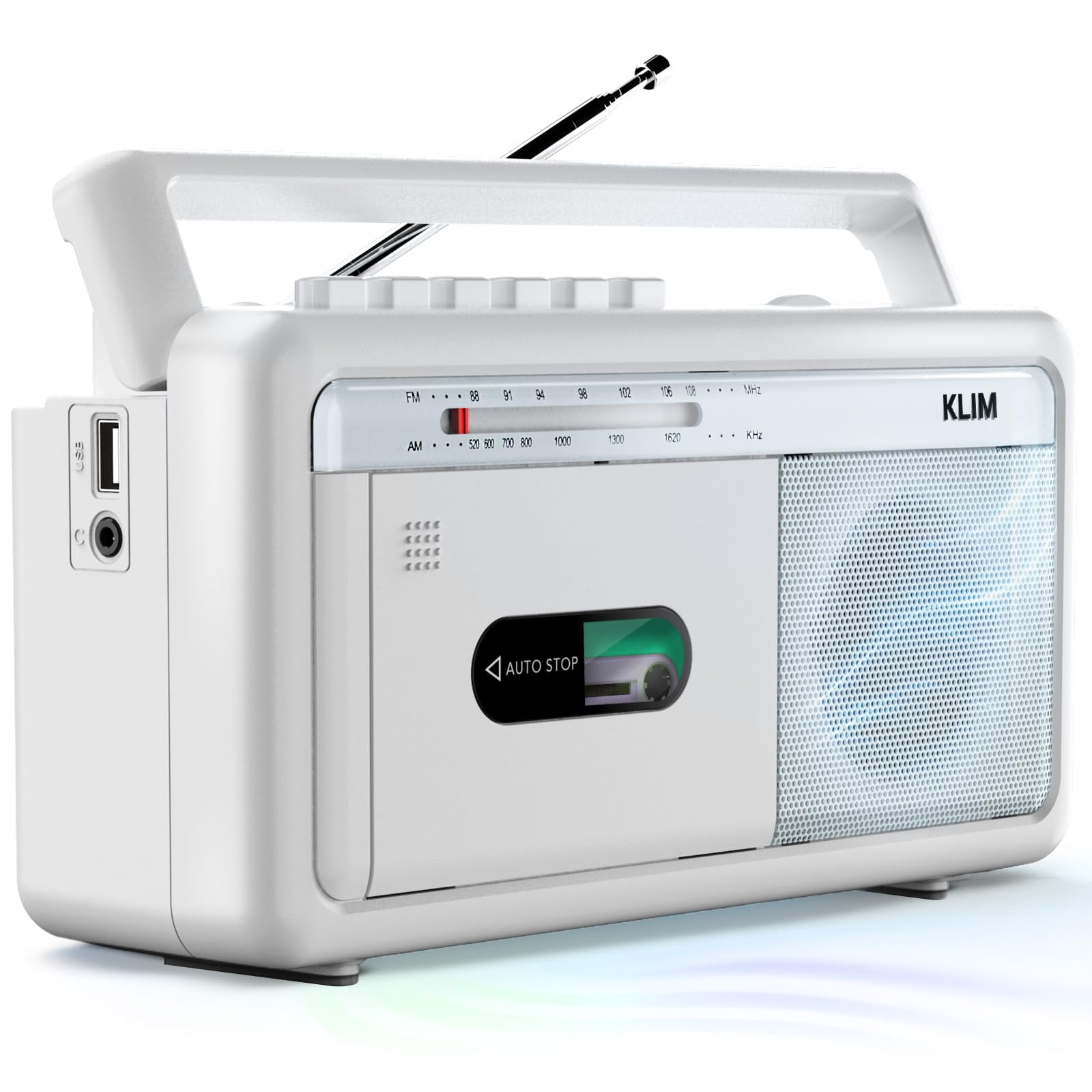 KLIM Lecteur Cassette Audio Boombox, Radio AM/FM, Bluetooth, Enregistreur Cassette, USB, Haut-Parleur, Prise Casque, Secteur ou Piles, Design Portable Rétro - Blanc Givré