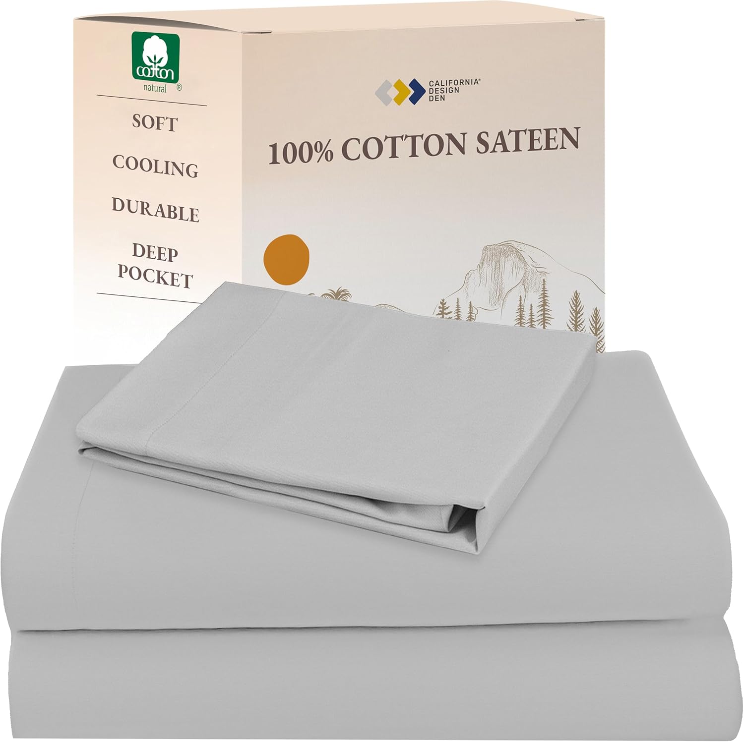 California Design Den Natural 100% Cotton Sheets Twin XL Size Set - Soft Sateen Weave, Twin XL Sheets with Deep Pockets, Breathable, Cooling and Durable Bedding for Dorm Rooms, College (Light Grey)