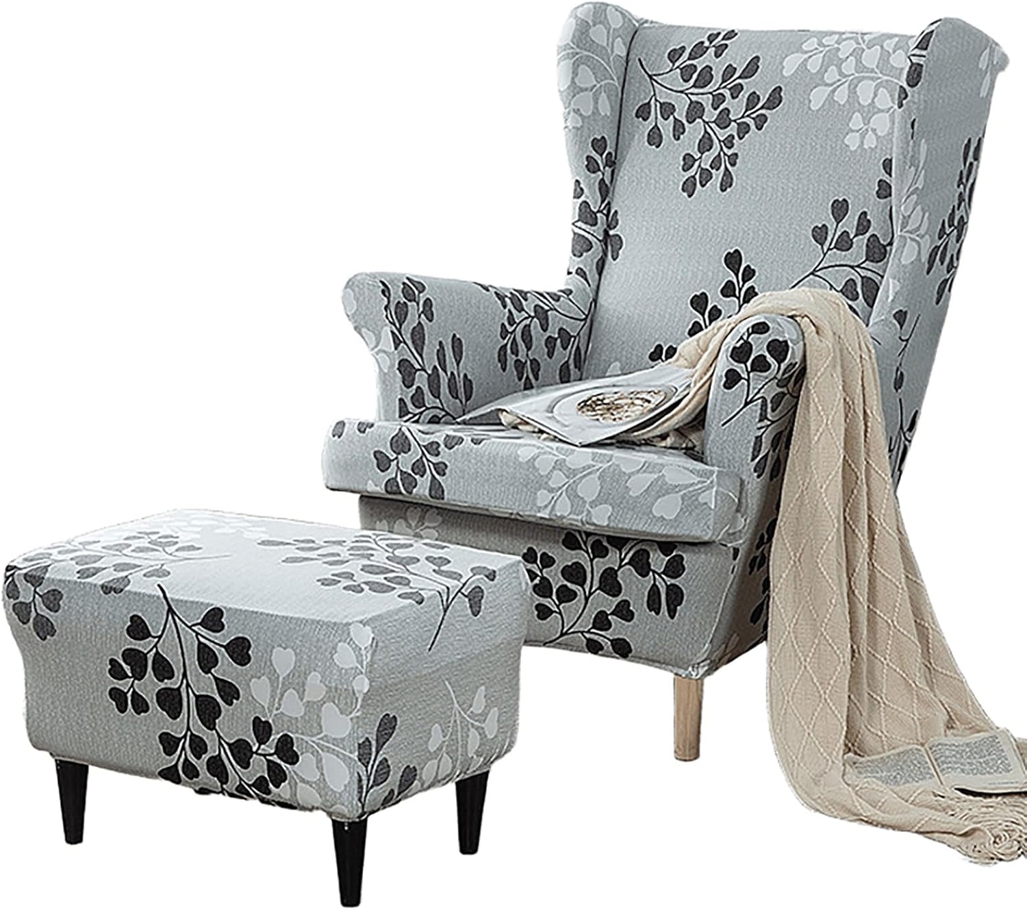 Stretch Printed Wing Chair Cover Set,Wingback Chair Slipcover and 1 Piece Rectangle Ottoman Cover,Removable Wingback Chair Armchair Slipcovers for Living Room Bedroom(B)