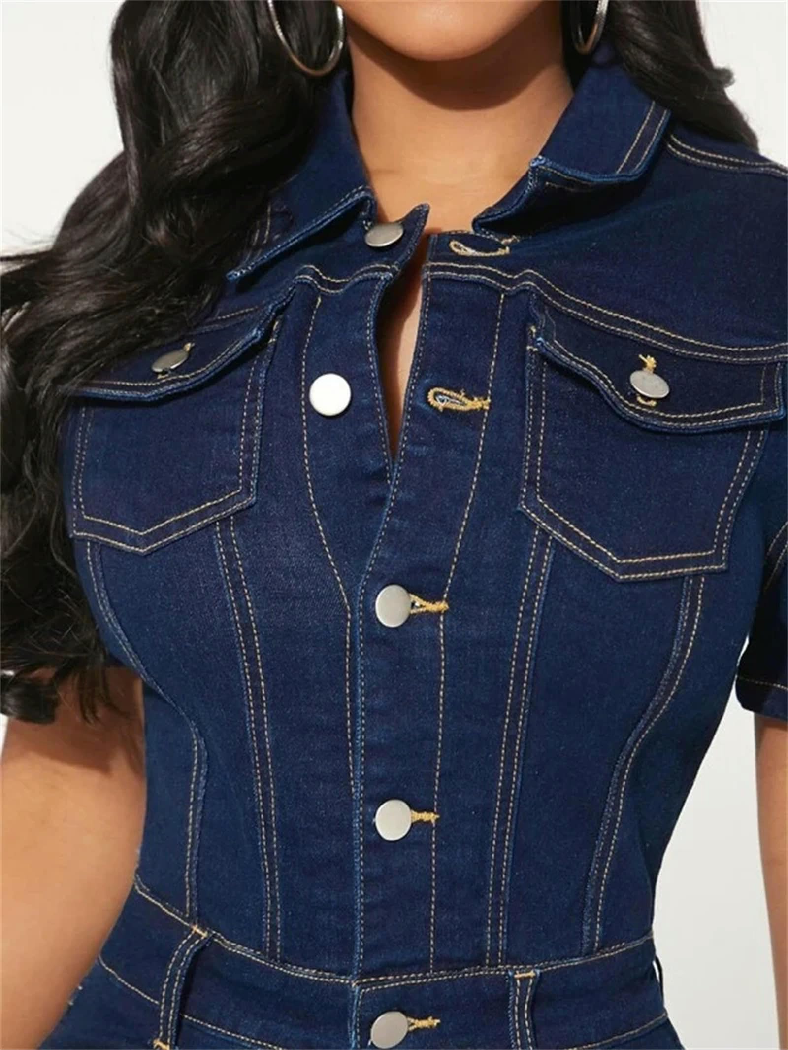 KWTF Combinaison sexy extensible à manches courtes en jean pour femme, bleu marine, M