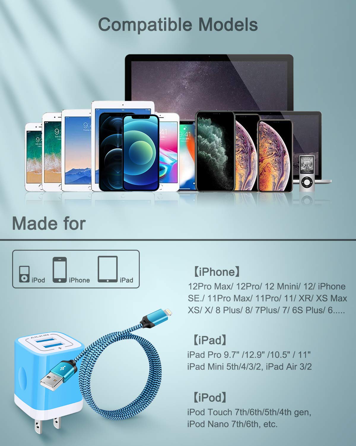 AILKIN Caricabatterie per iPhone, certificato Apple MFI, cavo Lightning intrecciato lungo 1,8 m + caricatore USB da parete, spina per ricarica rapida per iPhone 14/13/12 Mini/Pro/Pro Max/SE/11Pro