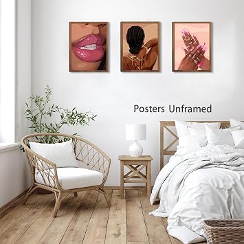 Black Womenl Pink Wall Art Aesthetic Set of 3, African American Black Girl Canvas Posters Fashion Black Girl Wall Pictures Prints , for Living Room Bedroom Bathroom Home Decor 16x12inch Unframed