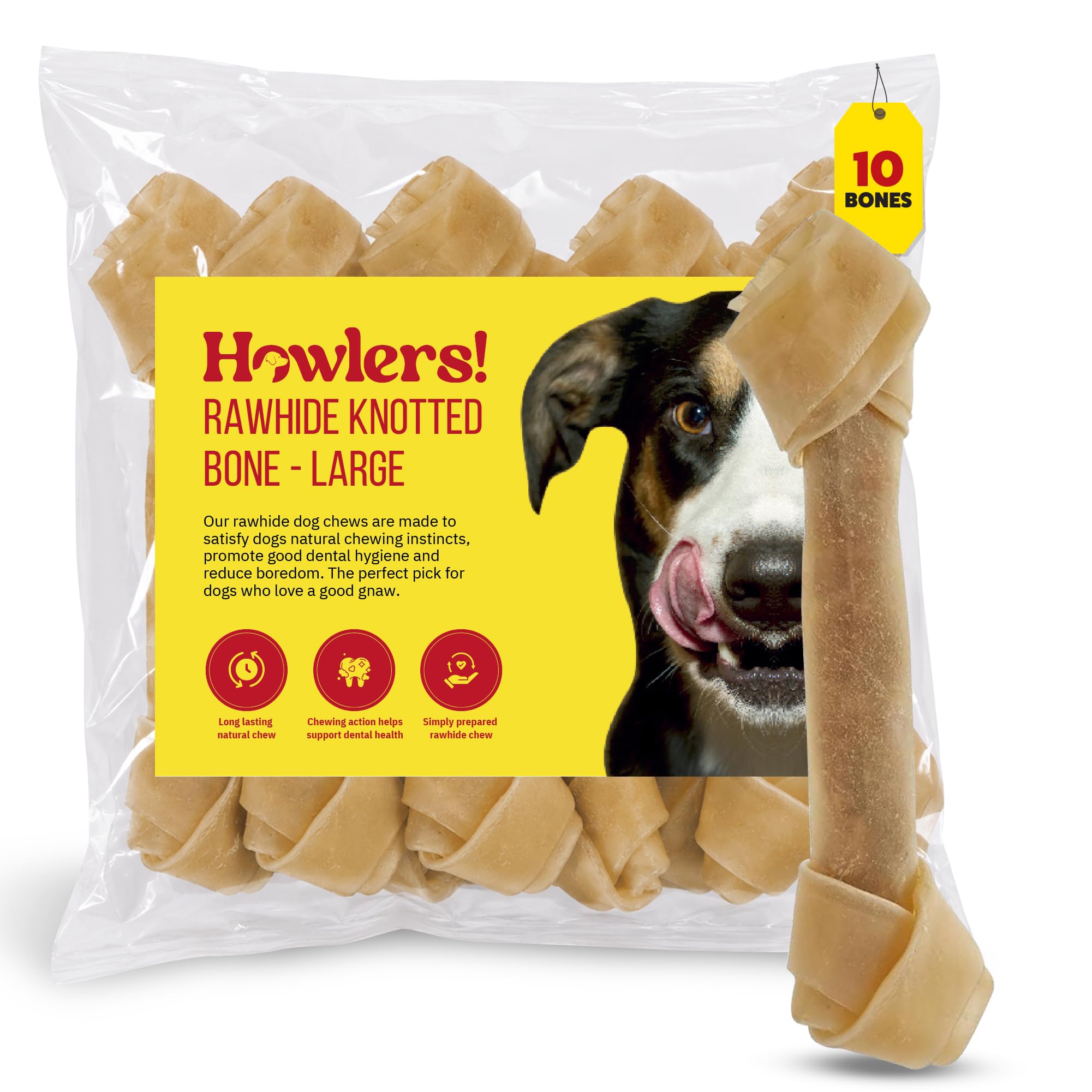 Howlers Natural Rawhide Knotted Bones, 20 cm, Pack of 10