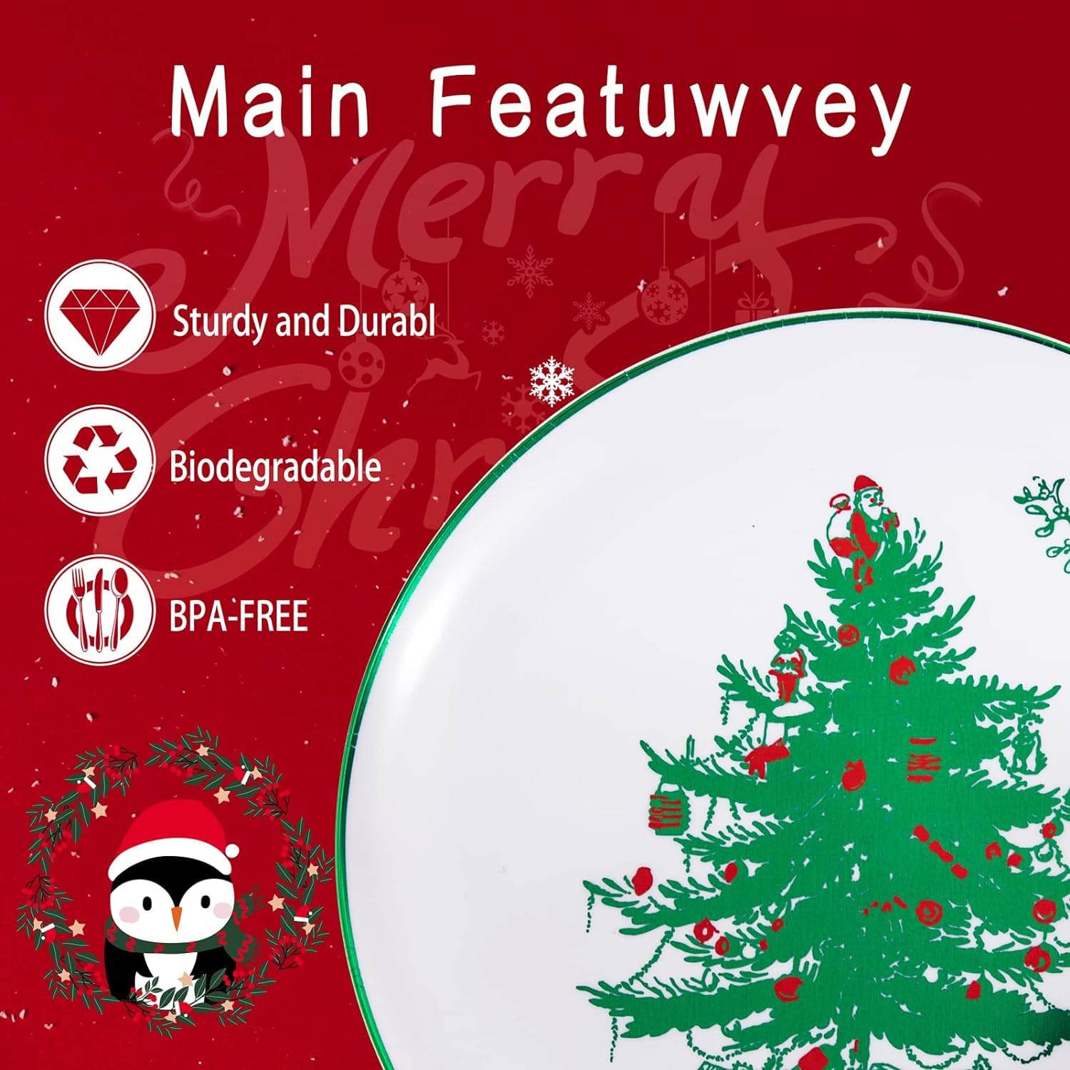 Rubtlamp 60PCS Christmas Plastic Plates, White Disposable Plates with Green christmas Tree, Fancy christmas Party Plastic Plate Include 30 Dinner Platos, 30 Dessert Platos for Parties