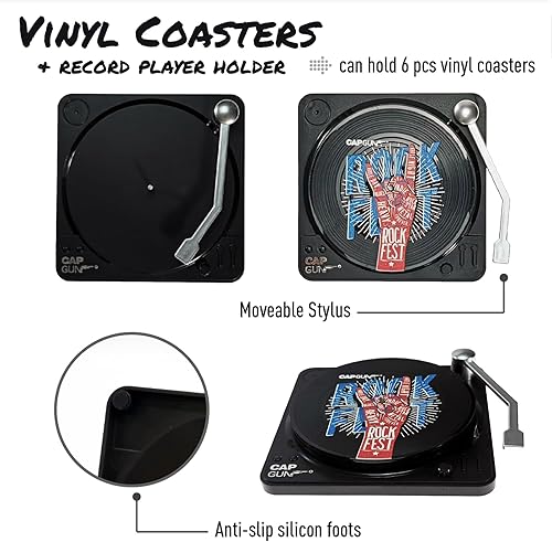 Miniatura 2 de Divertidos posavasos retro para discos de vinilo, juego de 6 posavasos creativos con soporte para tocadiscos de vinilo para amantes de la música,