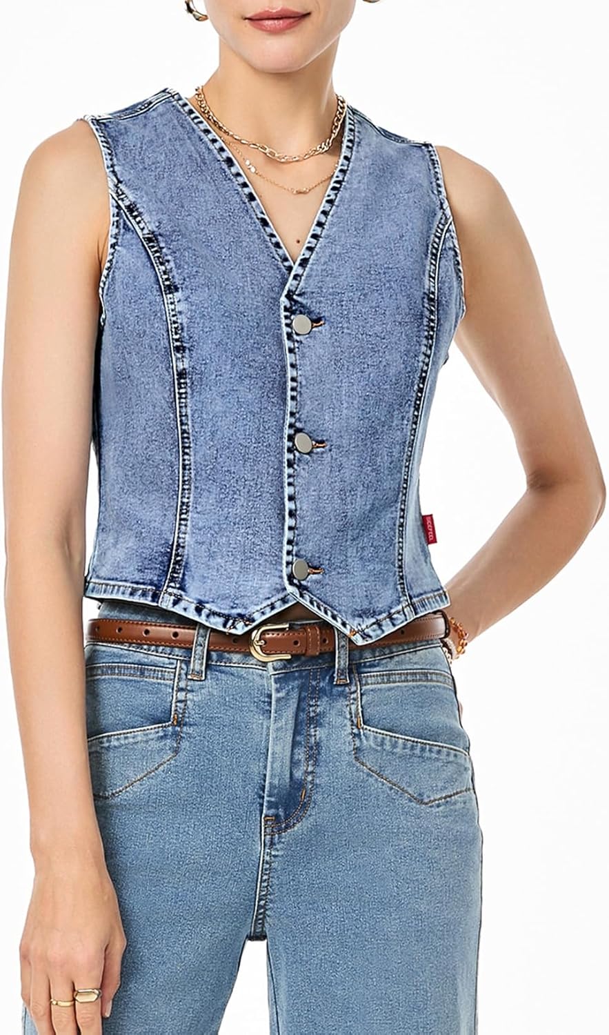 Sidefeel Women's Denim Vest Sleeveless V Neck Zimbaplatinum Jean Vest Top Button Down Crop Waistcoat Vest Summer Outfit - Image 4