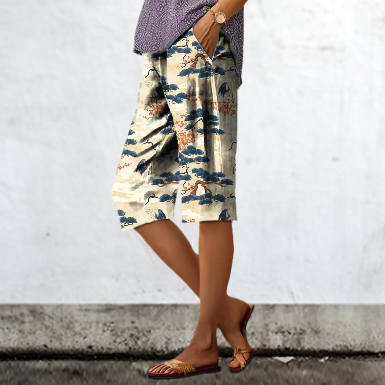 Long Shorts for Women Plus Size Hawaiian Beach Relaxed Mid Rise Pants Comfortable Retro Trendy Clothes - Image 2