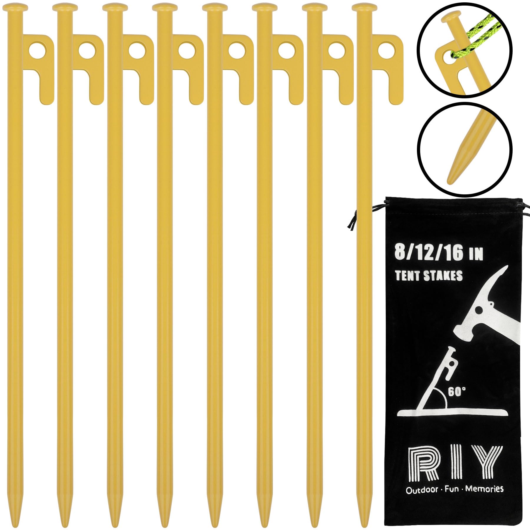 Lot de 8 piquets de Tente Robustes en Acier de 30,5 cm pour Camping, incassables et Flexibles, Jaune