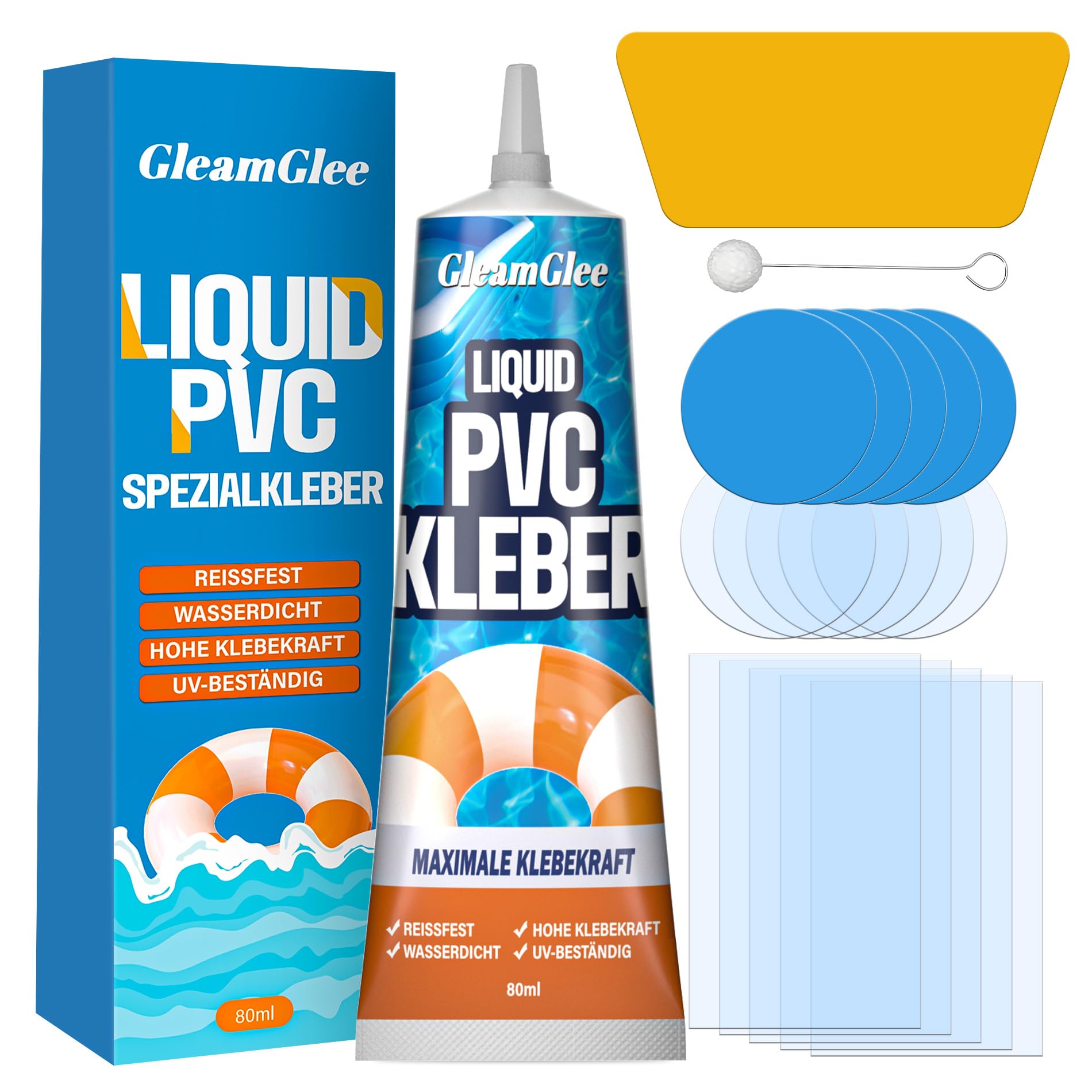 Luftmatratze Reparaturset – Extra starker PVC Kleber & Flicken, 100% Wasserdicht – Für Pool, Wasserbett, Whirlpool, Schlauchboot & Kajak – Patch Kit für Air Mattresses, 80 ml