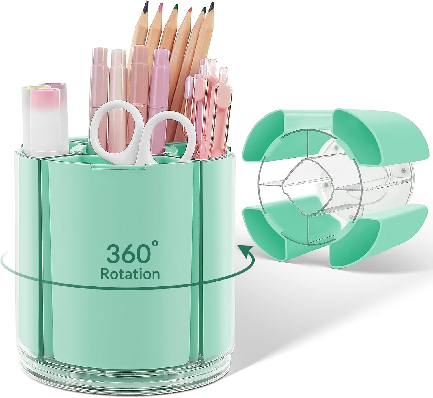 KONVINIT Green Pen Holder for Desk, 5 Slots 360° Rotating Pen Organizer, Cute Desk Organizers and Accessories for School, Home, Office and Art Supply