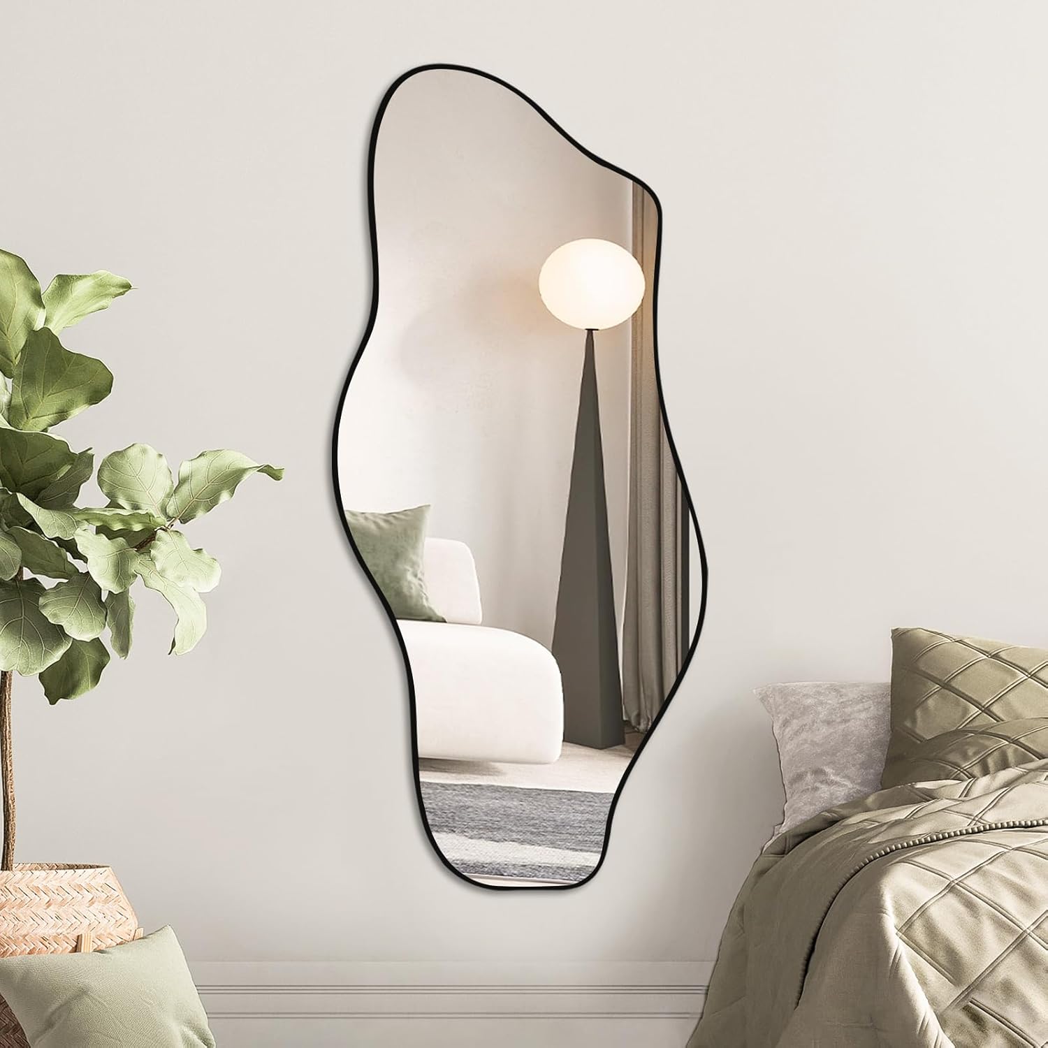 Large Irregular Wall Mirror 47.2"x22", Unique Shaped Black Asymmetrical Mirror, Modern Oblong Wavy Mirror for Living Room,Bathroom,Entryway,Dining Room