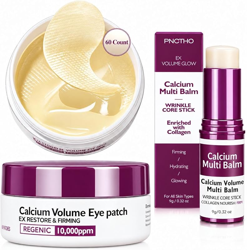 Kit de cuidados para a região dos olhos Pnctho com bastão de bálsamo Calcium 9 g e adesivos de hidrogel com colágeno, 60 unidades