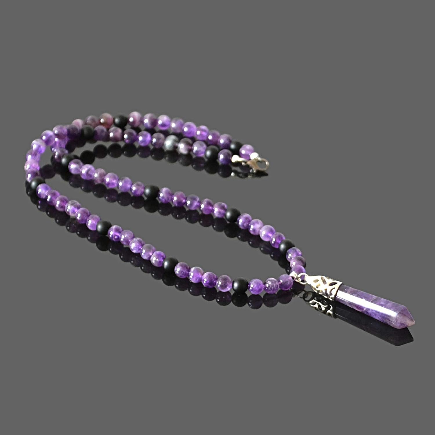 Amethyst and Black Onyx Yoga Healing Crystal February Birthstone Jewelry Long Necklace for Men - Image 8