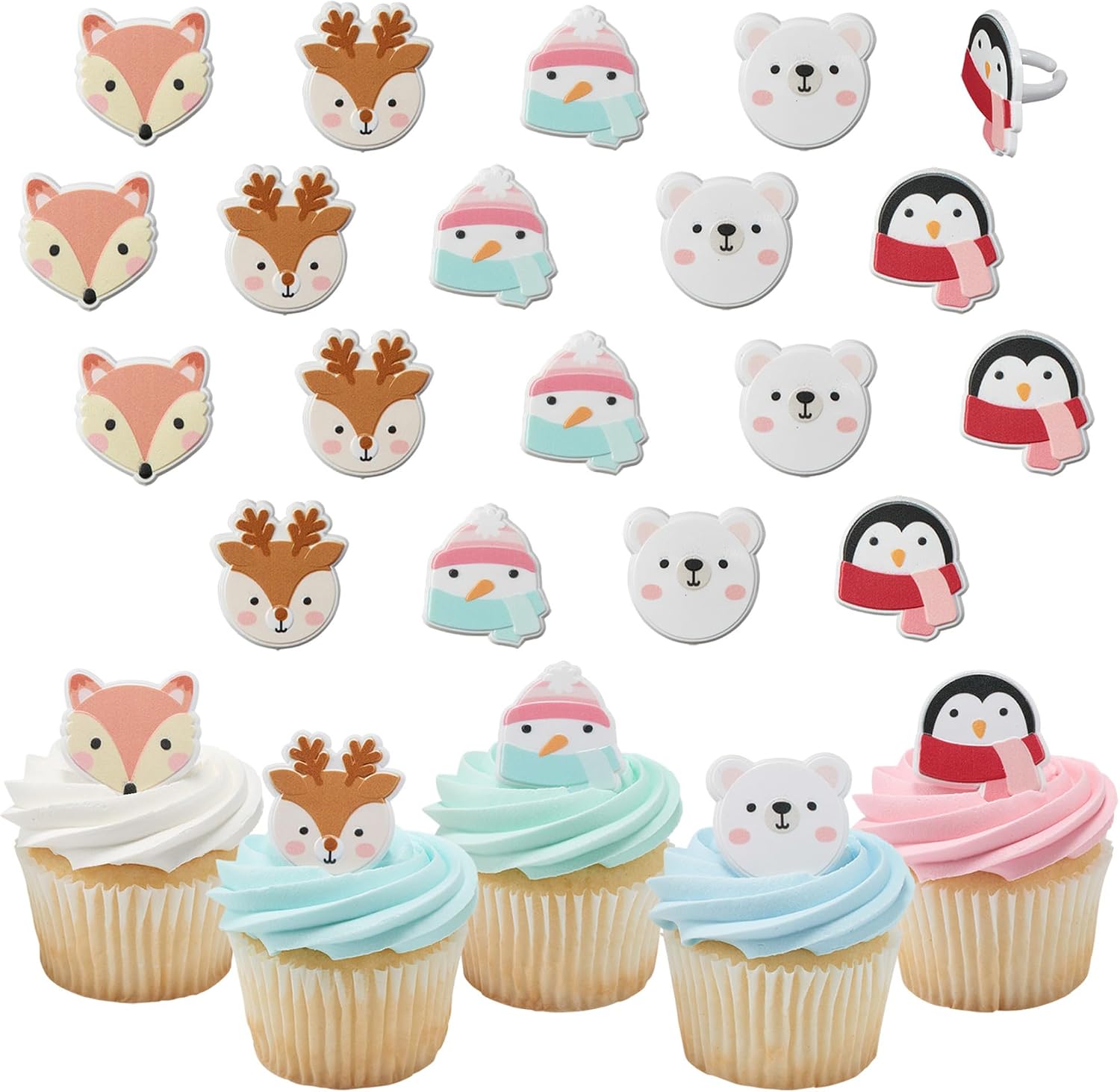 DecoPac Winter Friends Cupcake Rings, 24 Christmas Cupcake Toppers For Festive Parties & Celebrations, Cute Penguins, Snowmen, Reindeer, Polar Bears, Foxes, Adorable Food Safe Cake Toppers – 24 Pack