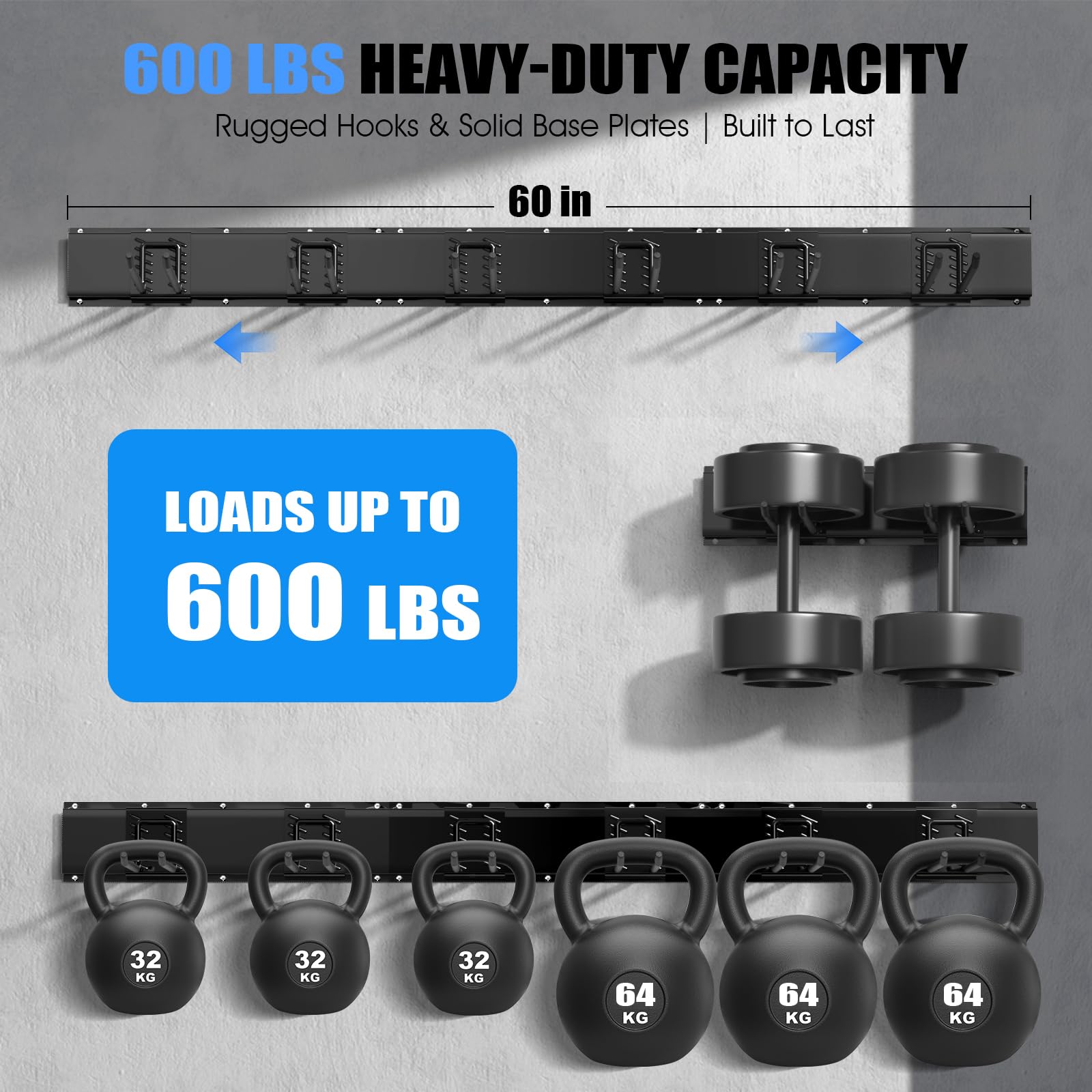 Heavy Duty Garage Tool Organizer Wall Mount & Garden Tool Organizer, 48-Inch Adjustable Garden Tool Storage Rack, Ideal for Garden Storage, Garage Organization and Storage, 600-LB Capacity - 3