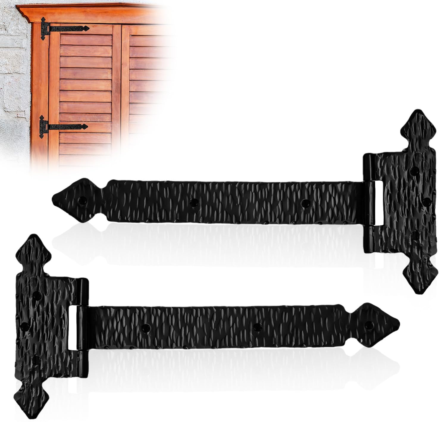 2 Pack 9" Black Wrought Iron Hinges - Decorative Wrought Iron Door Hinges – Handmade Rustic Iron Hinges for Farmhouse Shutters, Chests, Barn Doors, Shutter and Gate – The Jamestown Series