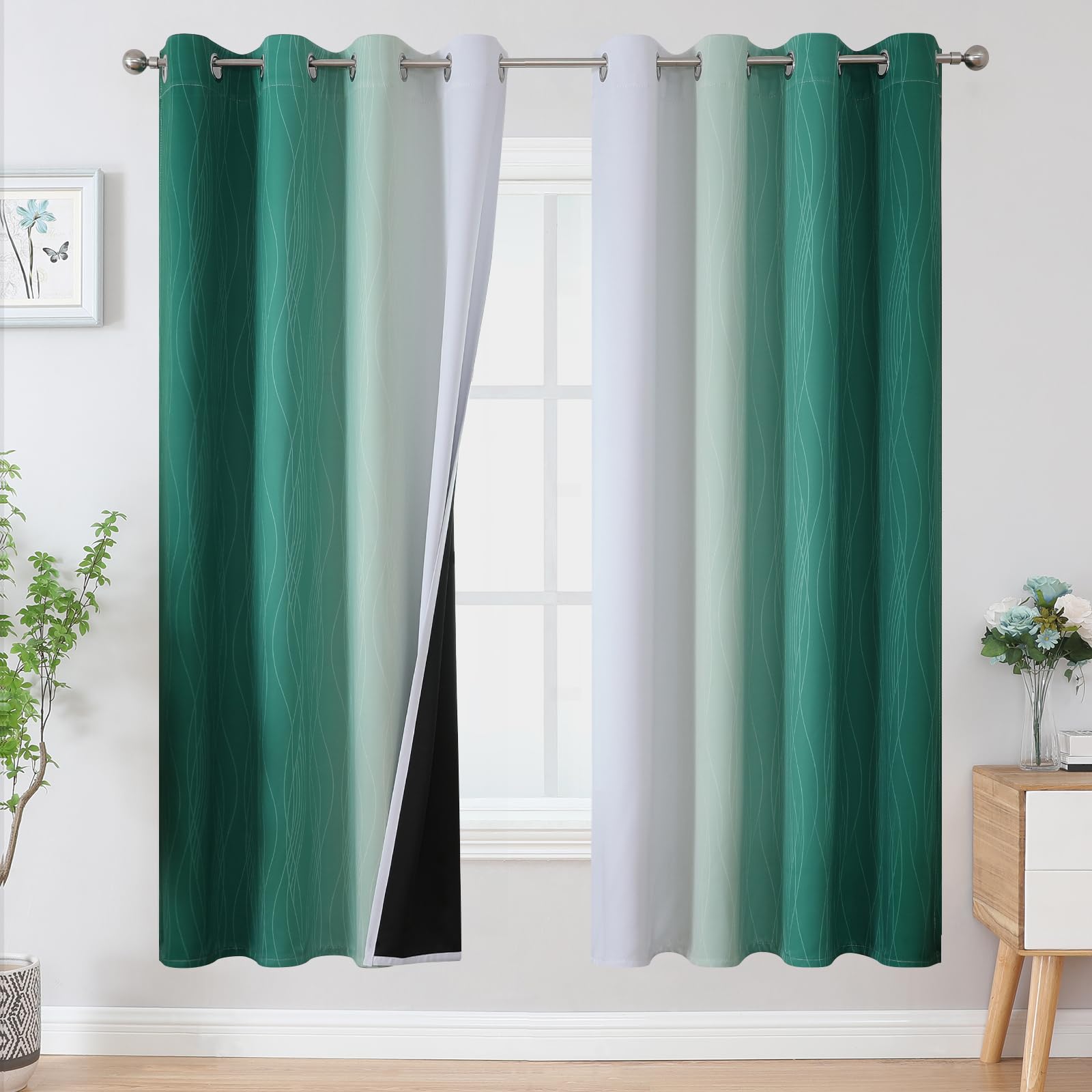 Estelar Textiler Green and Greyish White Blackout Curtains for Living Room, Full Room Darkening Grommet Ombre Curtains for Bedroom, Thermal Insulated