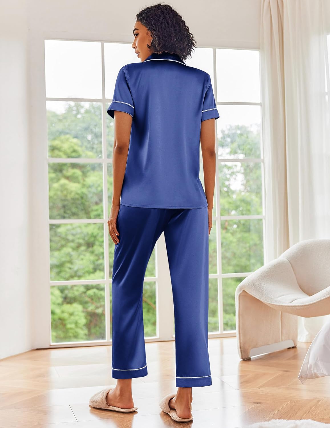 Ekouaer Silk Satin Pajamas Set Women Short Sleeve Sleepwear Soft Button Down Loungewear Pjs Set - Image 5