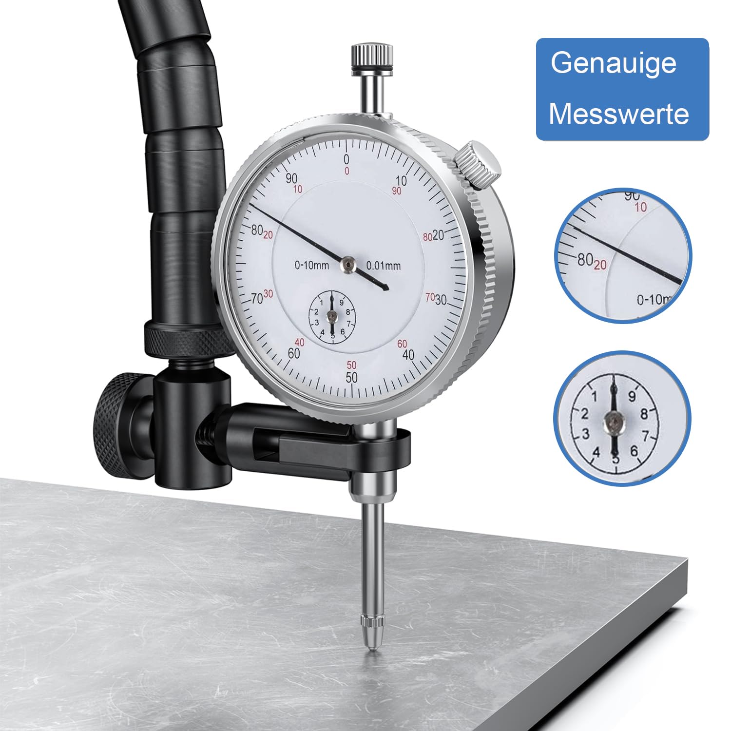 Scheibenbremsrotor-Messgerät mit 0-10 mm Messuhr(0.01mm Auflösung), Auto-Bremsscheiben-Schlagfestigkeitsprüfer, Klemmschraubstock mit 360 ° Flexiblem Arm
