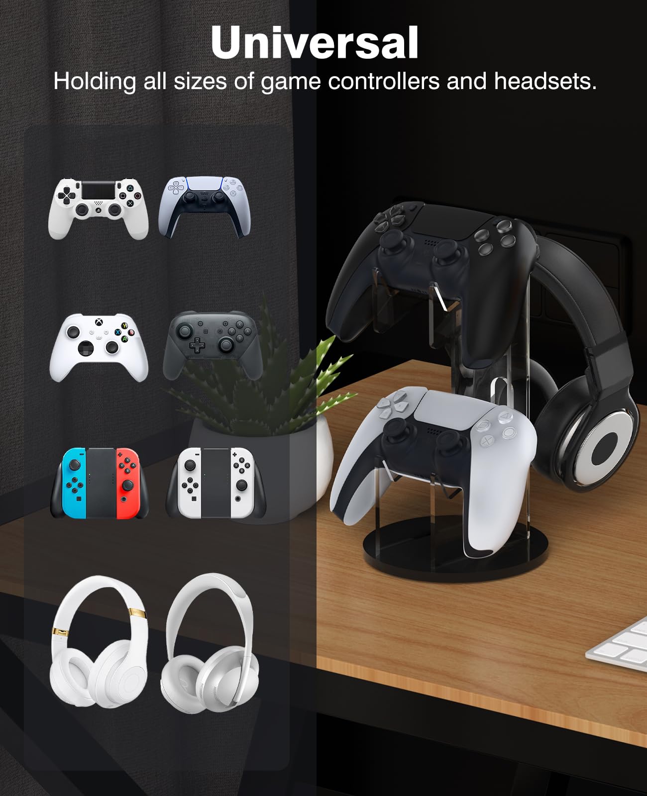 MoKo Gancio per Controller di Gioco e Cuffie, 2 in 1 Supporto per Controller di Gamepad in Acrilico per Switch/Switch 2, PS5, PS4, Xbox Serie, Accessori per Cuffie e Gamepad, Nero e Trasparente