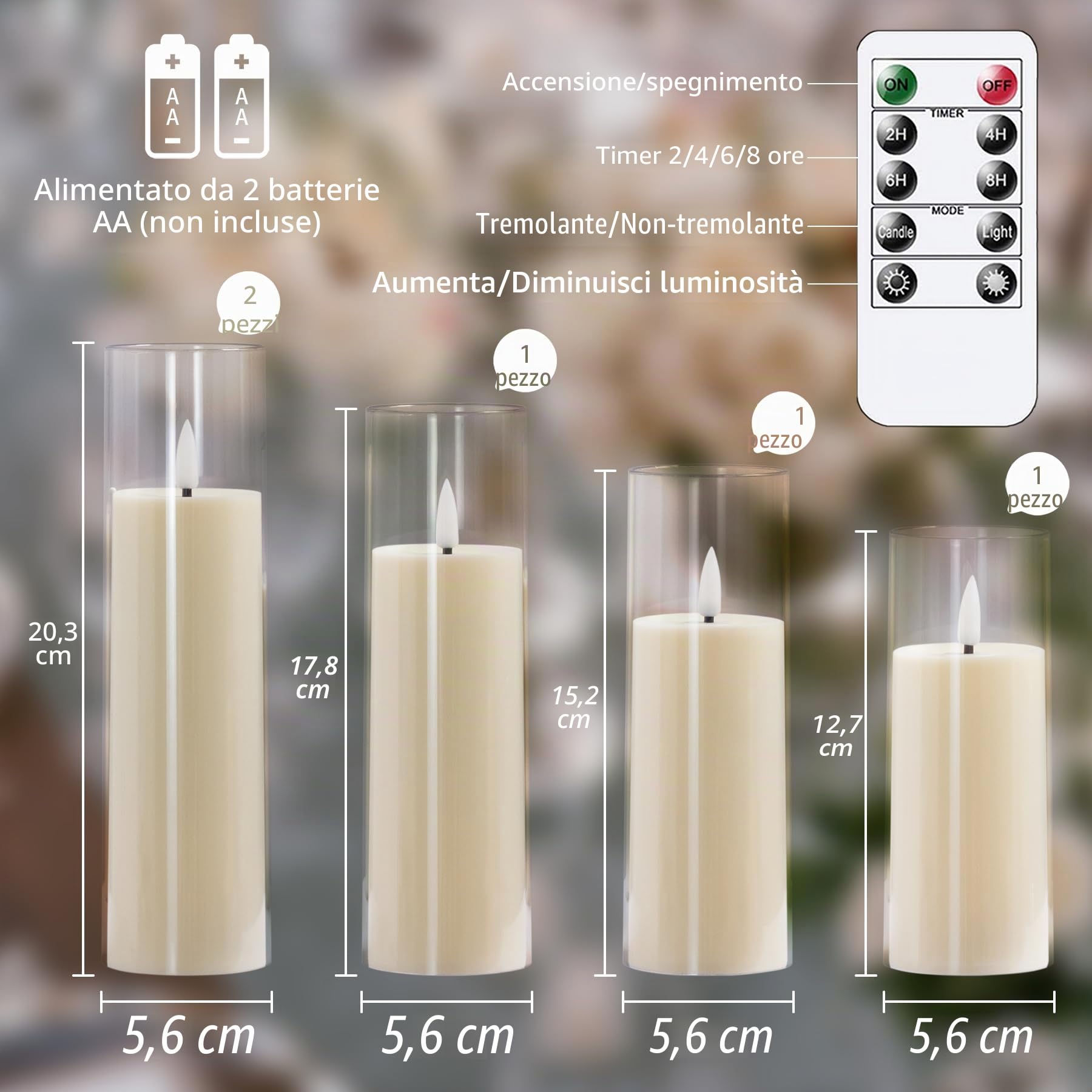 Yeelida Acrilico Candele LED tremolanti senza fiamma con telecomando e temporizzazione, a batteria 5,5cm x 12,5 15 17,5 20 20cm Candele in plastica per la decorazione della casa (lunga durata, avorio)