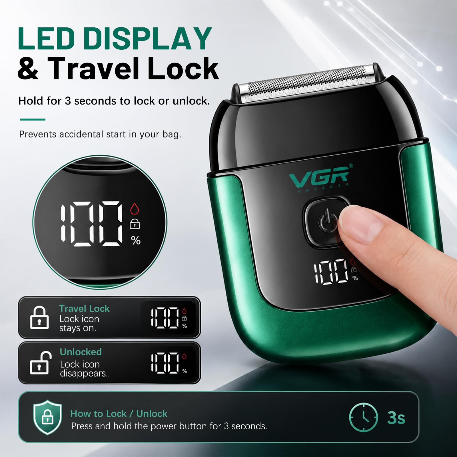 VGR 380 Rasoio elettrico portatile Mini con lamine flessibili, impermeabile IPX6, ricaricabile tramite USB, con display a LED e blocco di sicurezza per il viaggio,verde