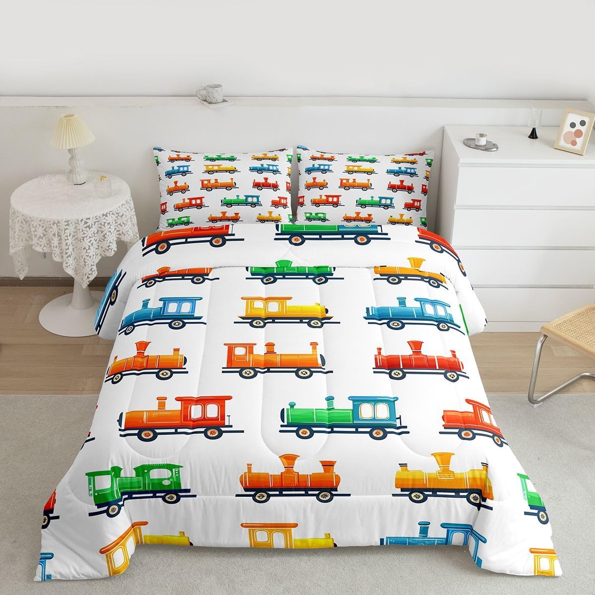 Feelyou Steam Trains Comforter Set All Season Cartoon Trains Bedding Set with 2 Pillow Cases Locomotives Rail Kids Queen Bedclothes Transport Bedroom Decor Duvet Quilt Breathable Soft Lightweight
