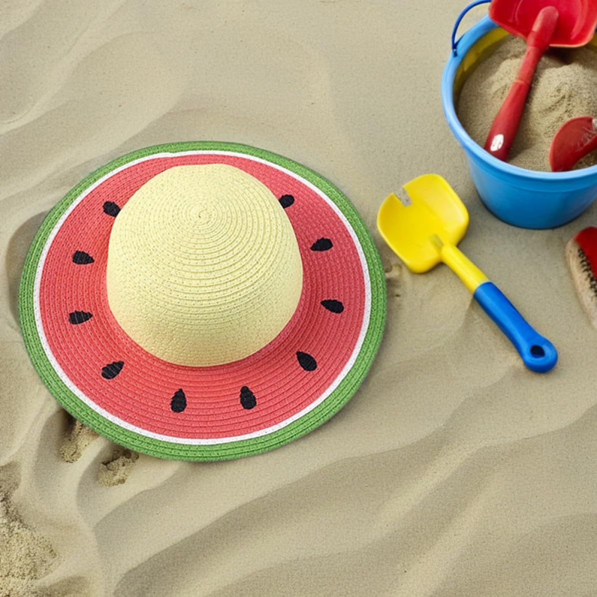 Girl Straw Hat Summer Beach Cap with Wide Brim, Packable Paper Grass Material, UV Protection Sun Visor Cap Featuring Whimsical Fruit Pattern for Hiking and Outdoor Trips Watermelon Red