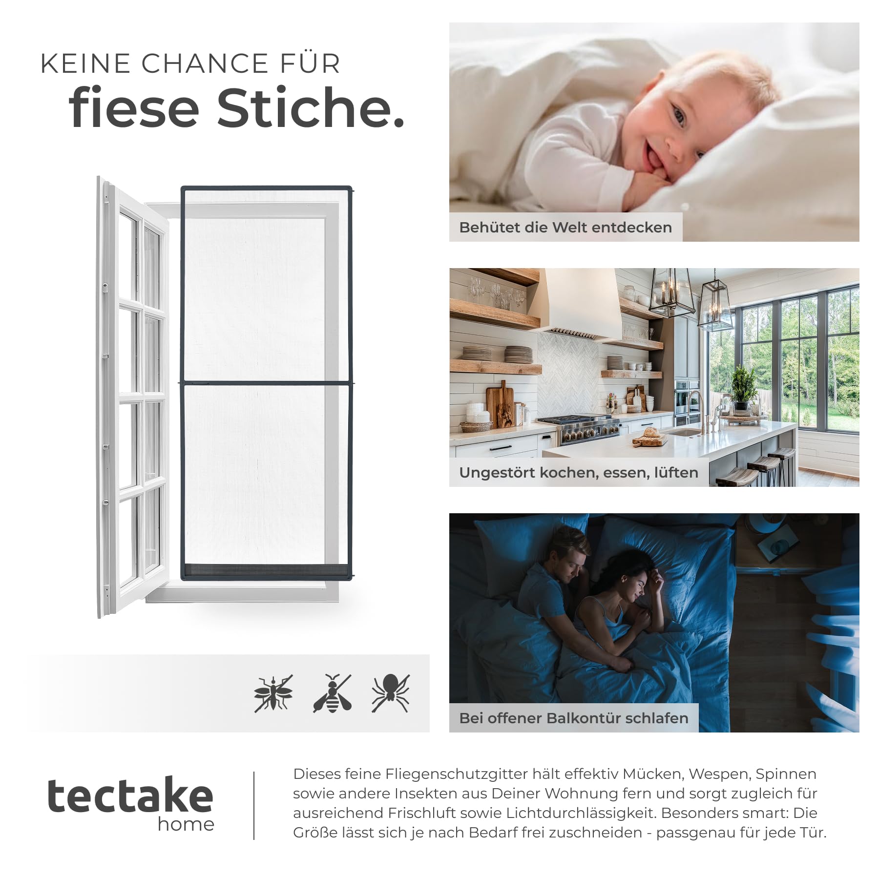 tectake® Fliegengitter für Türen, 95 x 210 cm, Aluminiumrahmen, wetter- und UV-beständig, individuell kürzbares Insektennetz, Schutzgitter, Insektenschutzgitter, Mückenschutz - anthrazit