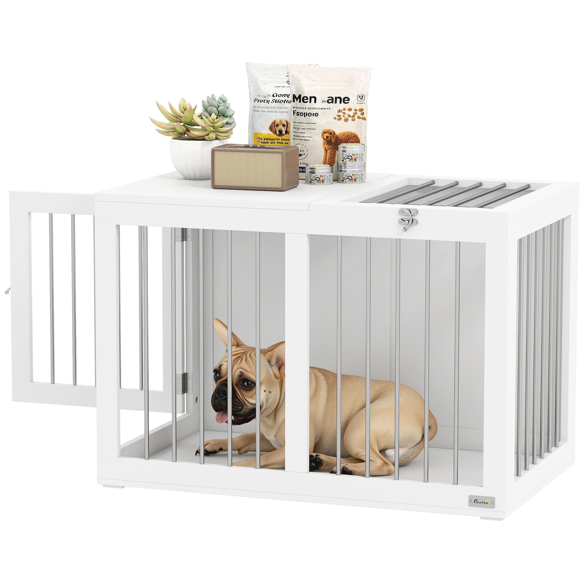 PawHut Cage for Medium Dogs 2 in 1 Modern Style Side Table with 2 Doors with Latch and Stainless Steel Structure Dog House 80 x 50 x 56.5 cm White