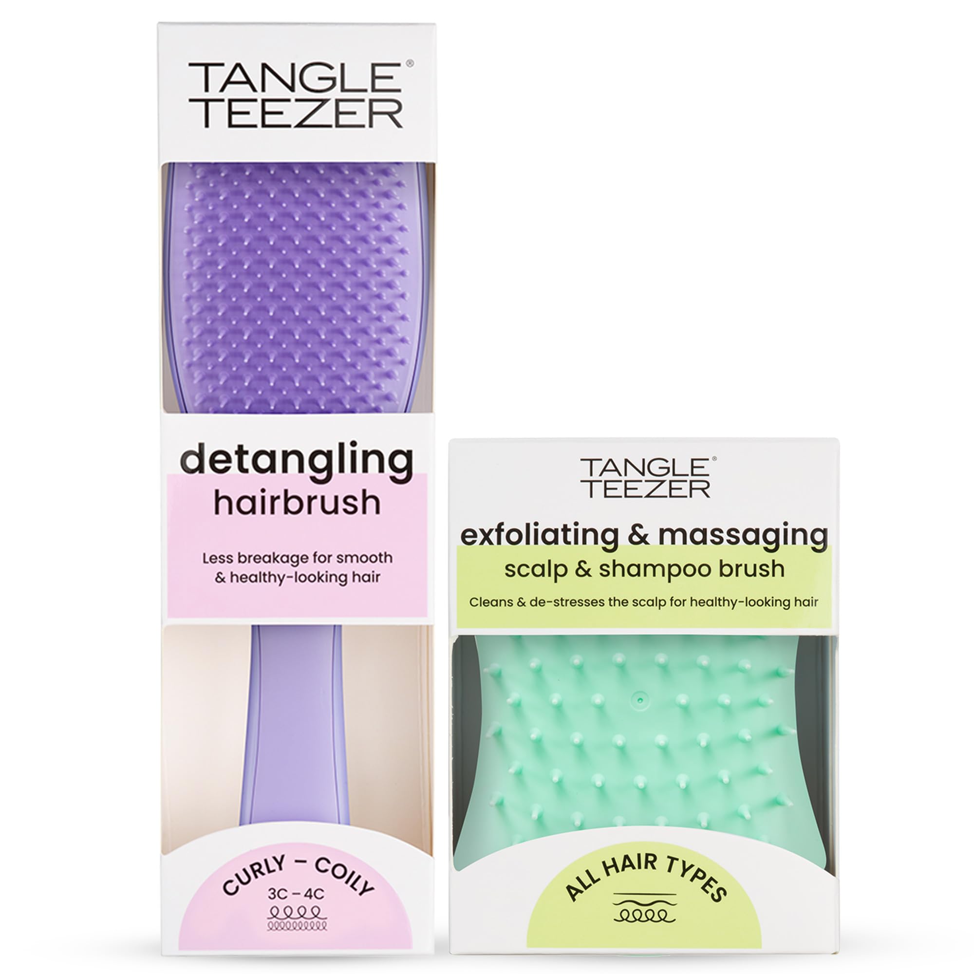 Ultimate Detangler Hairbrush & Scalp Massager Bundle, to Exfoliate and Detangle 3C to 4C Curly Hair Types, Purple and Mint