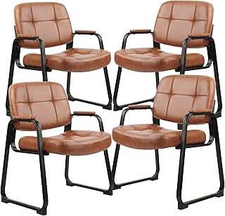 CLATINA Big Tall 400 lbs Waiting Room Chairs with Padded Arms Leather Guest Chair no Wheels for Office Reception Lobby and Conference Desk with Sled Base, Brown, 4PK