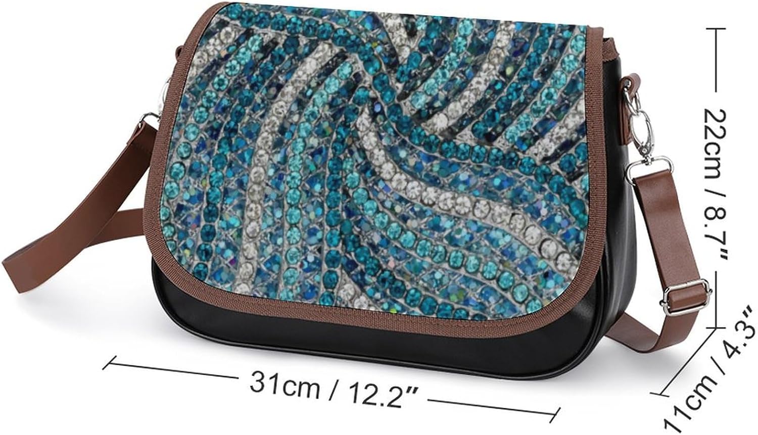 Chic Silver Grey Turquoise Blue Rhinestone CrystalWomen's Faux Leather Crossbody Bag, Waterproof Wrinkle-Resistant Shoulder Bag with Detachable Strap, Large Capacity Casual Handbag, Fashion Daily Purs