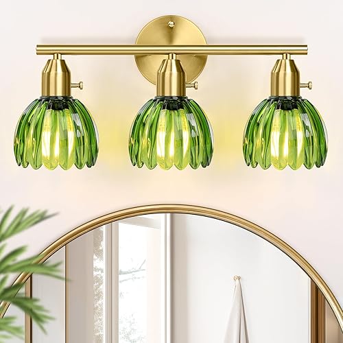 Bathroom Light Fixtures - 3-Light Gold Vanity Lights with Green