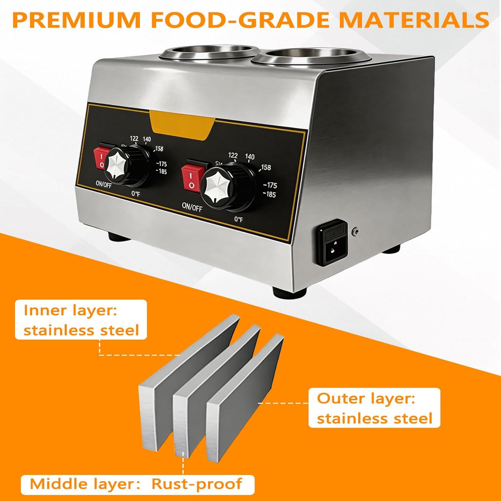 Dispensador De Salsas De Acero Inoxidable De Doble Botella, Calentador Eléctrico De Jarabes De 320 W con Recipientes De 650 Ml, Termostato Ajustable (86-185 °F) para Queso para Nachos