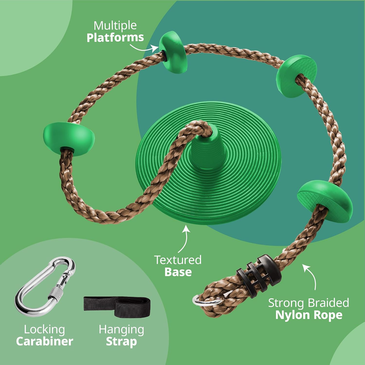 Jungle Gym Kingdom Tree Swing for Kids - Single Disc Seat and Brown Climbing Rope Set w/Carabiner and 4 Foot Strap - Treehouse and Outdoor Playground Accessories - Green image 5