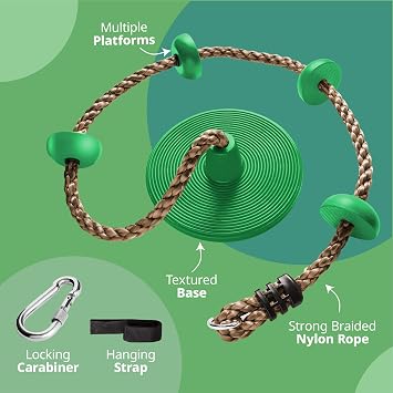 Jungle Gym Kingdom Tree Swing for Kids - Single Disc Seat and Brown Climbing Rope Set w/Carabiner and 4 Foot Strap - Treehouse and Outdoor Playground Accessories - Green