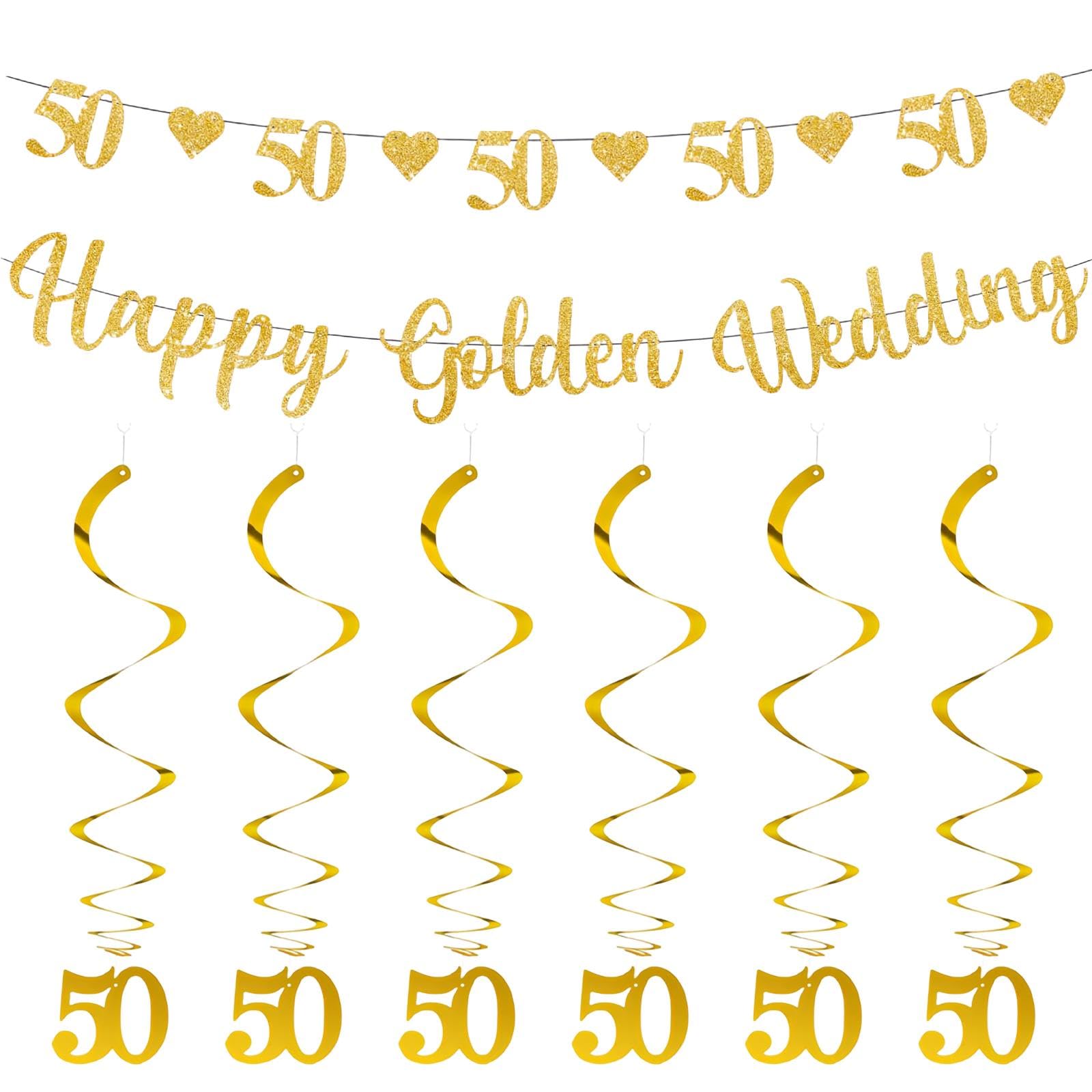 Eowvisn Gold 1 Piece En Wedding Flag And 6 Pieces Number 50 Spiral Pendants, Letter Banner, Glitter Party Decorations, Party Scene Decoration Pendants