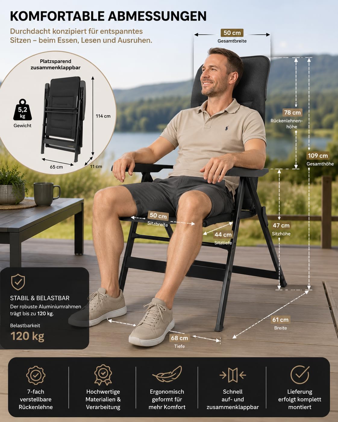 Aurum Campingstuhl Hochlehner – 7-Fach Verstellbarer Aluminium-Klappstuhl mit atmungsaktiv gepolstertem 3D-Bezug, 50 cm Sitzbreite, bis 120 kg – für Camping, Caravan und Garten