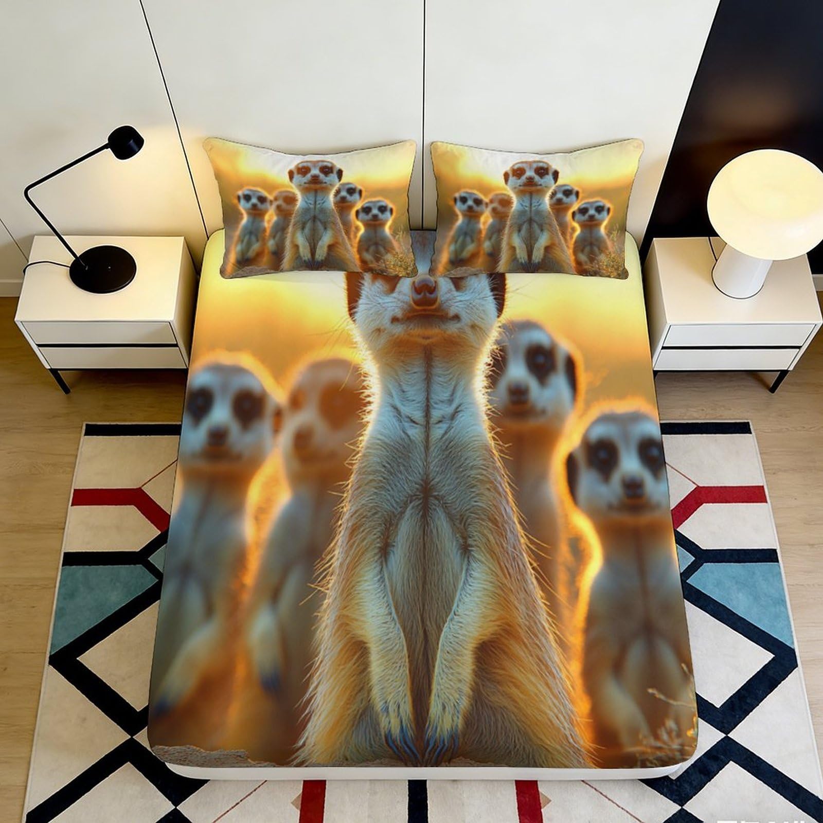 3D Printed Meerkat Family Fitted Sheet Microfiber Soft Bed Sheet Sunset Wildlife Print for Bedroom Guest Room Decor 140x200x25cm