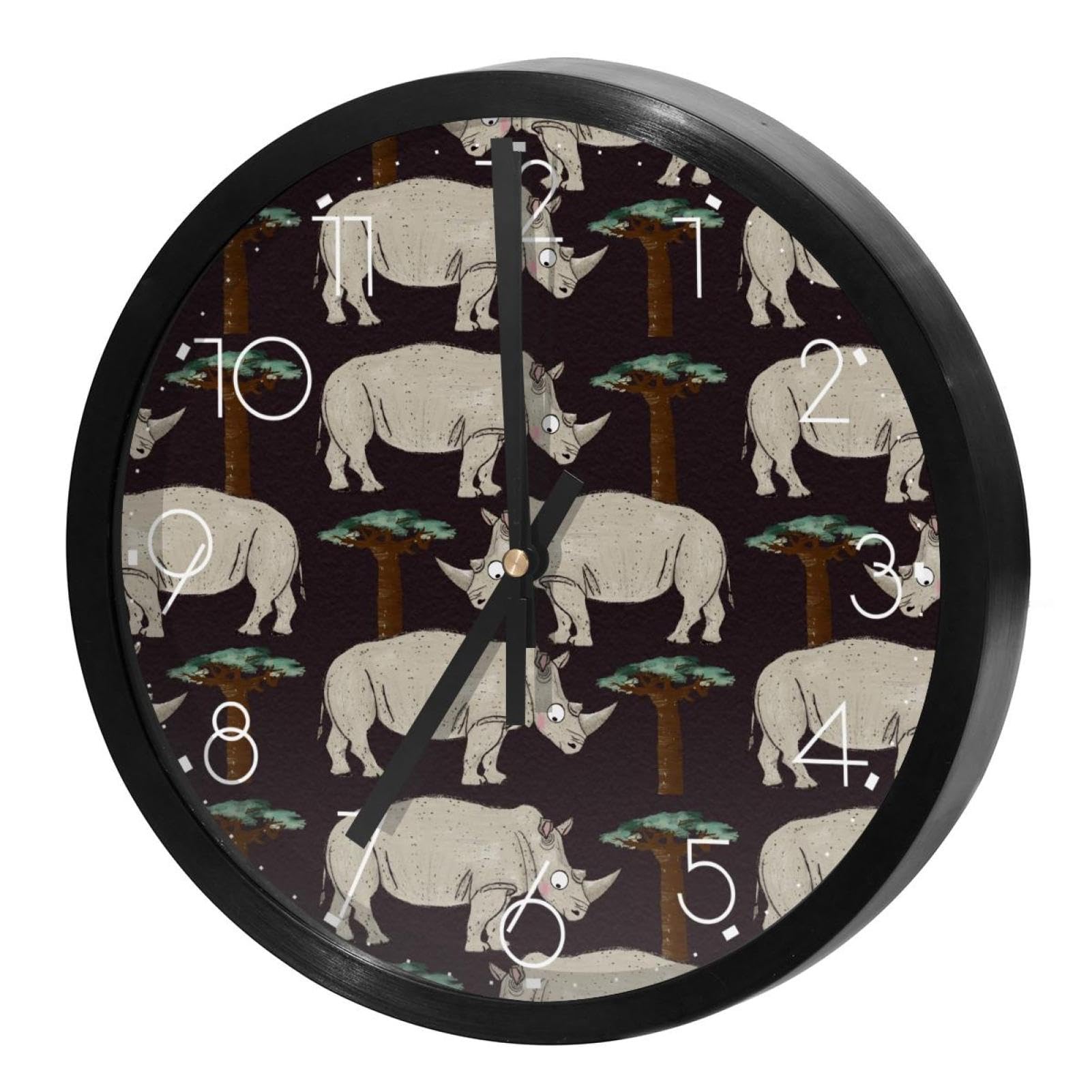 Horloge murale silencieuse à quartz motif rhinocéros africains et baobabs pour salon et bureau