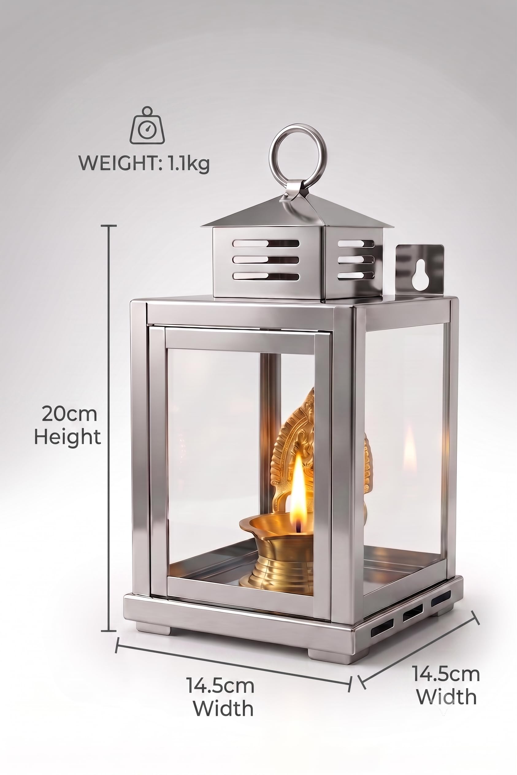 Nakshathra Stainless Steel Wall Mounted Oil Lamp with Glass Cover, Deepam Lid, Windproof Hanging Diya Lantern for Home & Temple Pooja, Ideal for Decorating Indoor Outdoors (Medium) 1