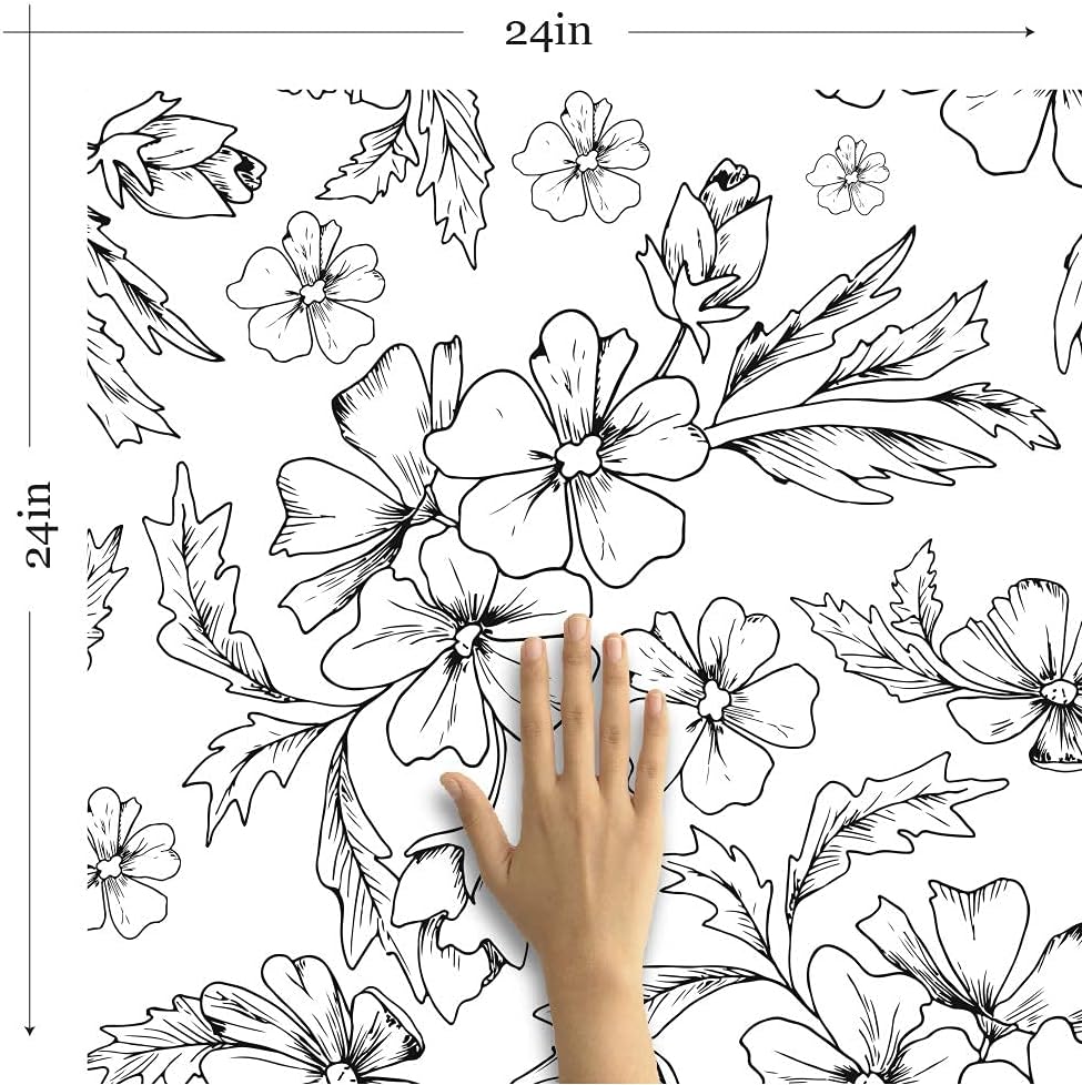 Walls By Me Peel and Stick Black and White Textured Floral Removable Wallpaper 6488-2ft x 8.5ft (61x260cm)