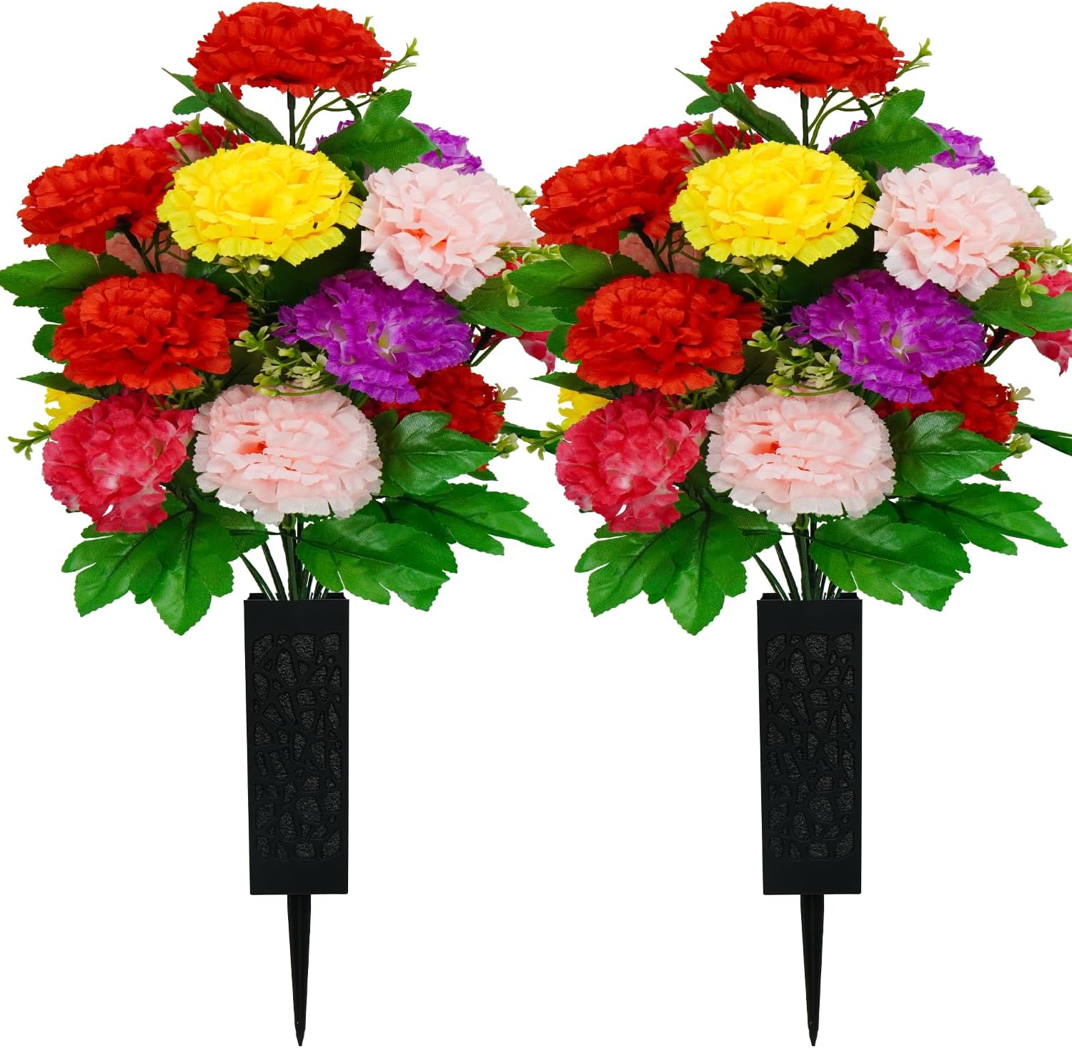 2 Sets Cemetery Flowers For Grave 18 Heads Flowers For Cemetery,Grave Decorations For Cemetery Accompanied By 2 Long Nail Vases Carnation Flowers Lasting And Non-Bleed Colors (18 Heads(Colorful))